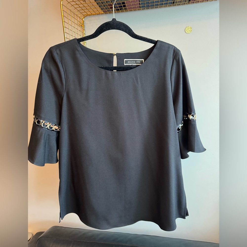 Melanie Lyne Black Blouse w/ Gold Chain Sleeve Detail